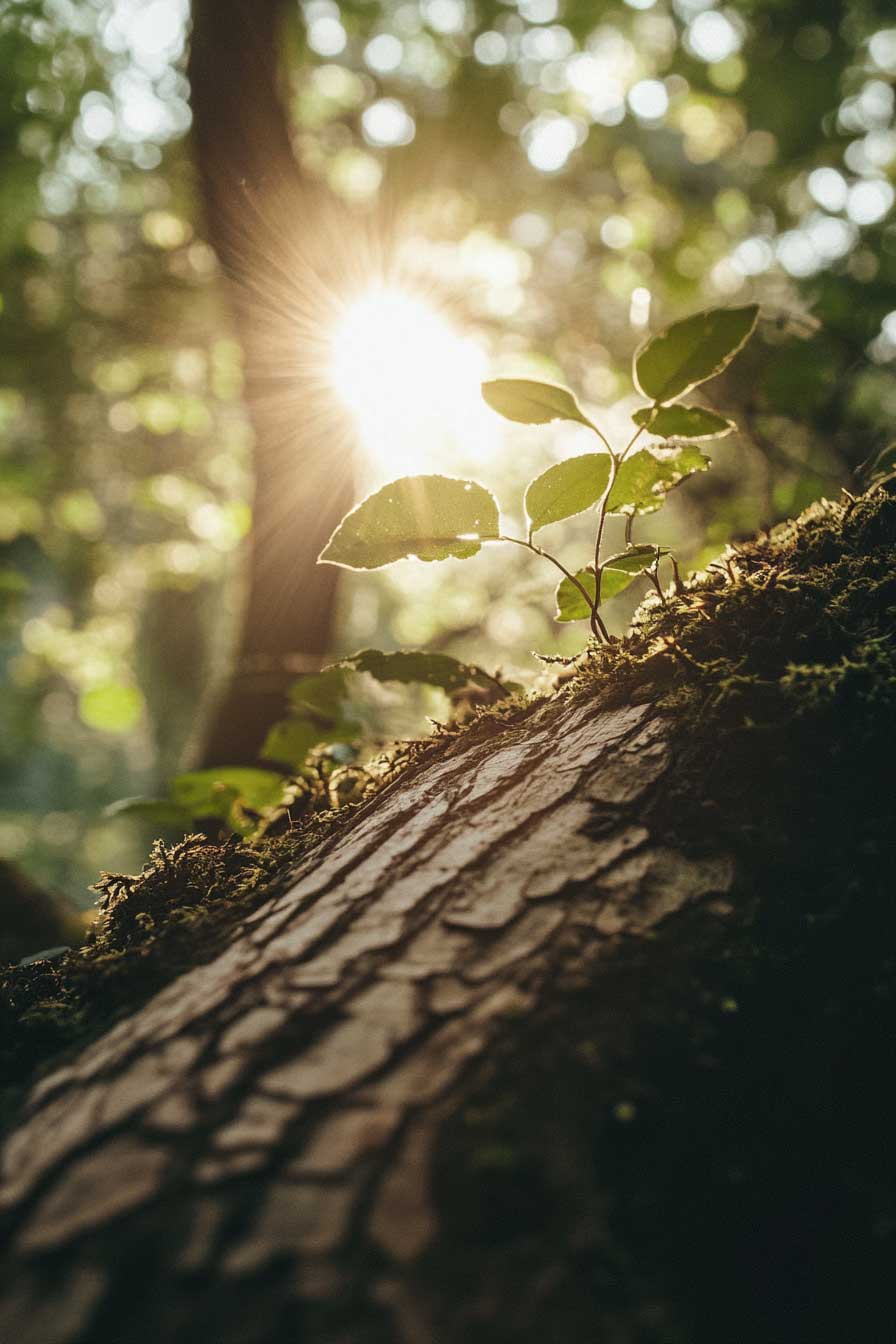 Sunlight filtering through lush green forest trees, highlighting the natural beauty of sustainable wood sourcing