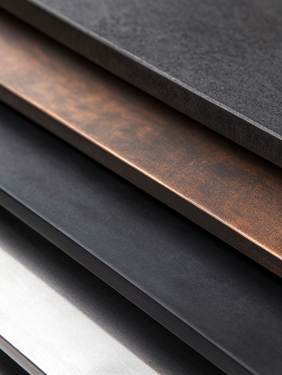 Steel stringer powder coat finish options, featuring Matte Black, Satin White, Industrial Gray, Textured Black, and Custom Bronze.