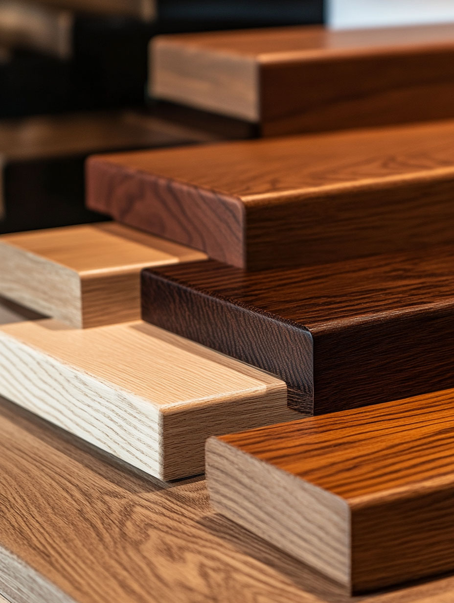 election of premium stair treads featuring Red Oak, White Oak, and Walnut wood options, showcasing rich textures and finishes.