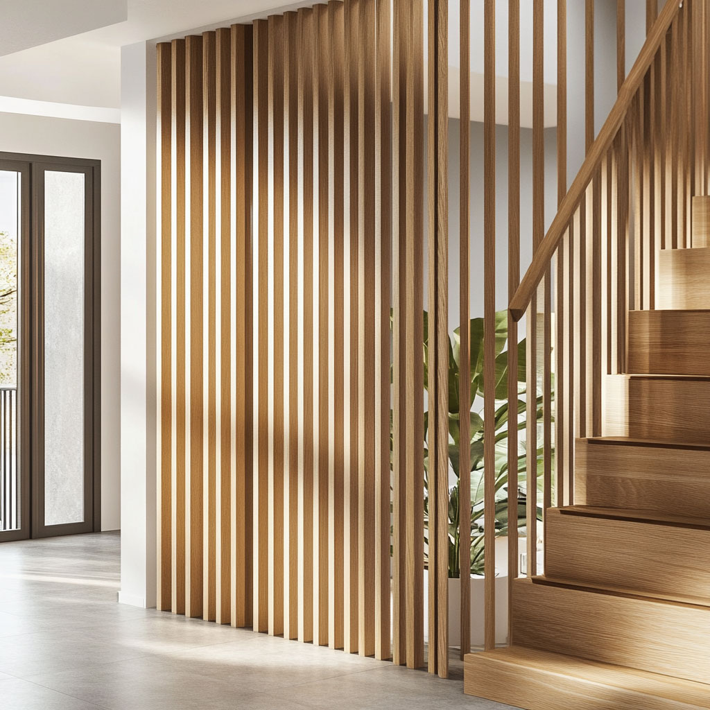 Modern wooden railings with vertical pickets, crafted from premium oak, providing a sleek and elegant touch to a staircase.