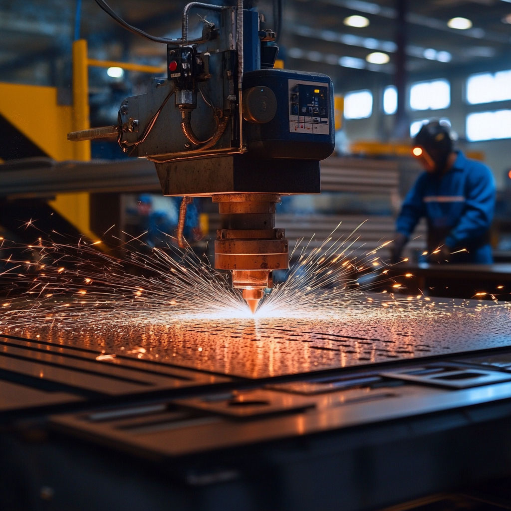 High-precision CNC machine cutting steel components for modern staircases.