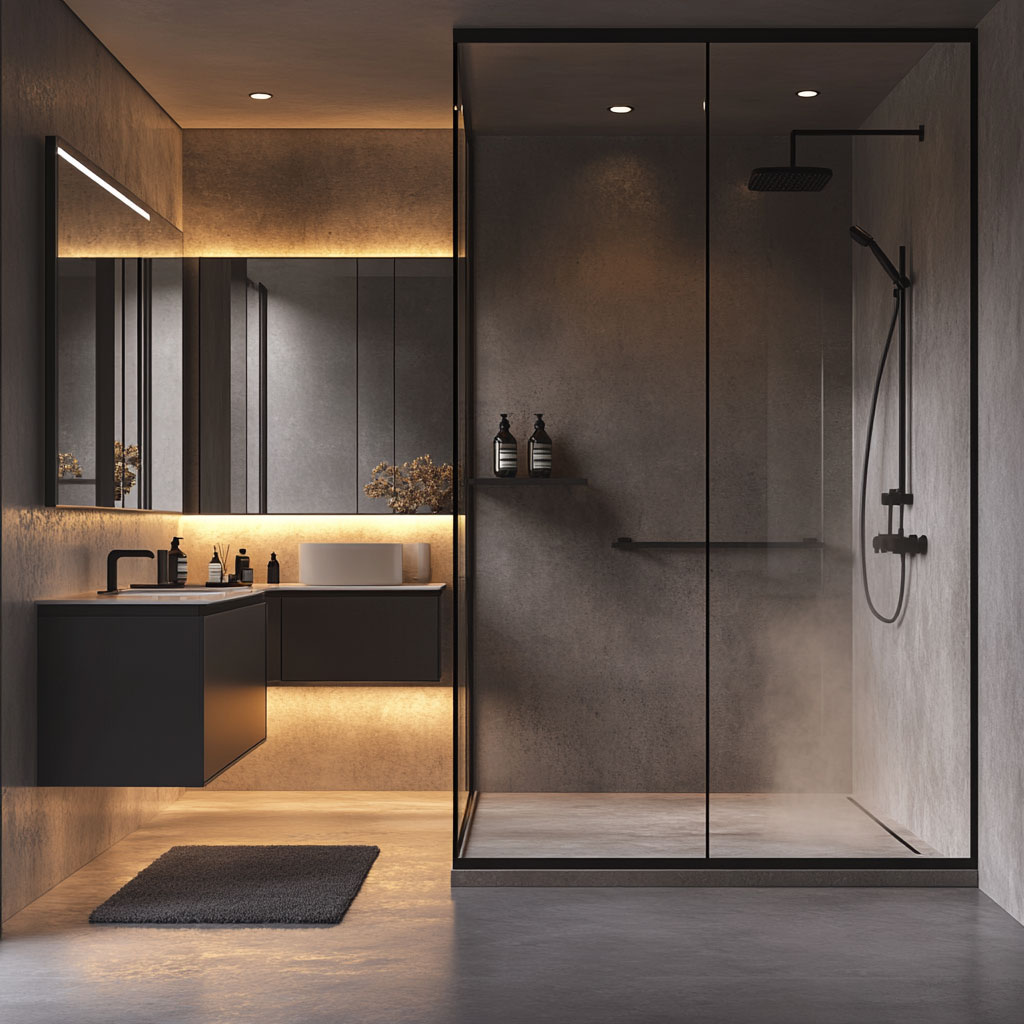 Alt Text: Frameless glass shower with black matte hardware in a sleek modern bathroom. Caption: A minimalist frameless glass shower with matte black accents, offering a clean and sophisticated look.