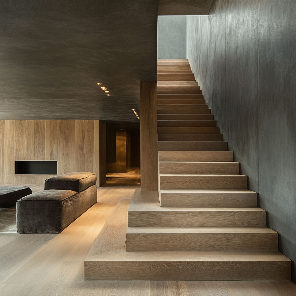 Modern wood staircase with warm-toned oak treads and sleek contemporary design.